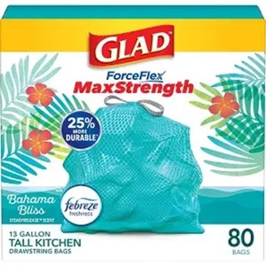 ถุงขยะแบบมีเชือกผูก Glad ForceFlex MaxStrength สำหรับครัว ขนาดใหญ่ 13 แกลลอน สีบาฮามา บลิส จำนวน 80 ใบ - Product Image 1