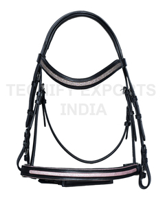 Bridon de cheval en cuir noir de qualité supérieure avec frontal et muserolle à paillettes – Équipement d'équitation anglaise - Product Image 1