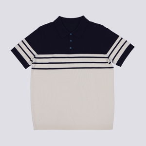 เสื้อโปโลผู้ชายลำลองสีกรมท่าและสีขาวบล็อกแขนสั้นฤดูร้อนสวมใส่ออกแบบลายทางผ้าถักระบายอากาศได้ - Product Image 6