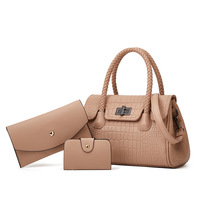 Sac à main Camel pour femme, forme trapèze, poignée supérieure, bandoulière, fermeture à fermoir rotatif, effet crocodile, pochette assortie, rabat avant