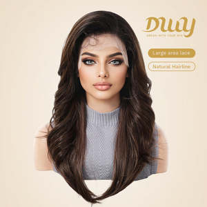 Tilly-DWY 13x6 Filter Lace Front <b>Wig</b> Free Part Medium-Length Wavy Layered Long Curly Wavy Brown <b>Black</b> Dark Roots Transparent - Product Image 2