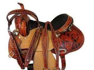 Sillín de caballo de cuero occidental con juego de tachuelas a juego, calidad prémium, de barril de cuero genuino, inglés, de carreras - Product Image 6