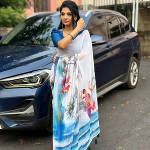 Tela Georgette suave de primera calidad con efecto de humo adicional e impresión digital Allover Saree adjunto con blusa perfectamente combinada - Product Image 1