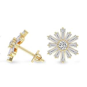 <b>Fine</b> Dainty Sunflower Fashion Lab Grown Diamond Tapered Baguette And Round Cut Yellow Gold <b>Stud</b> <b>Earrings</b> for Women Wholesale - Product Image 3