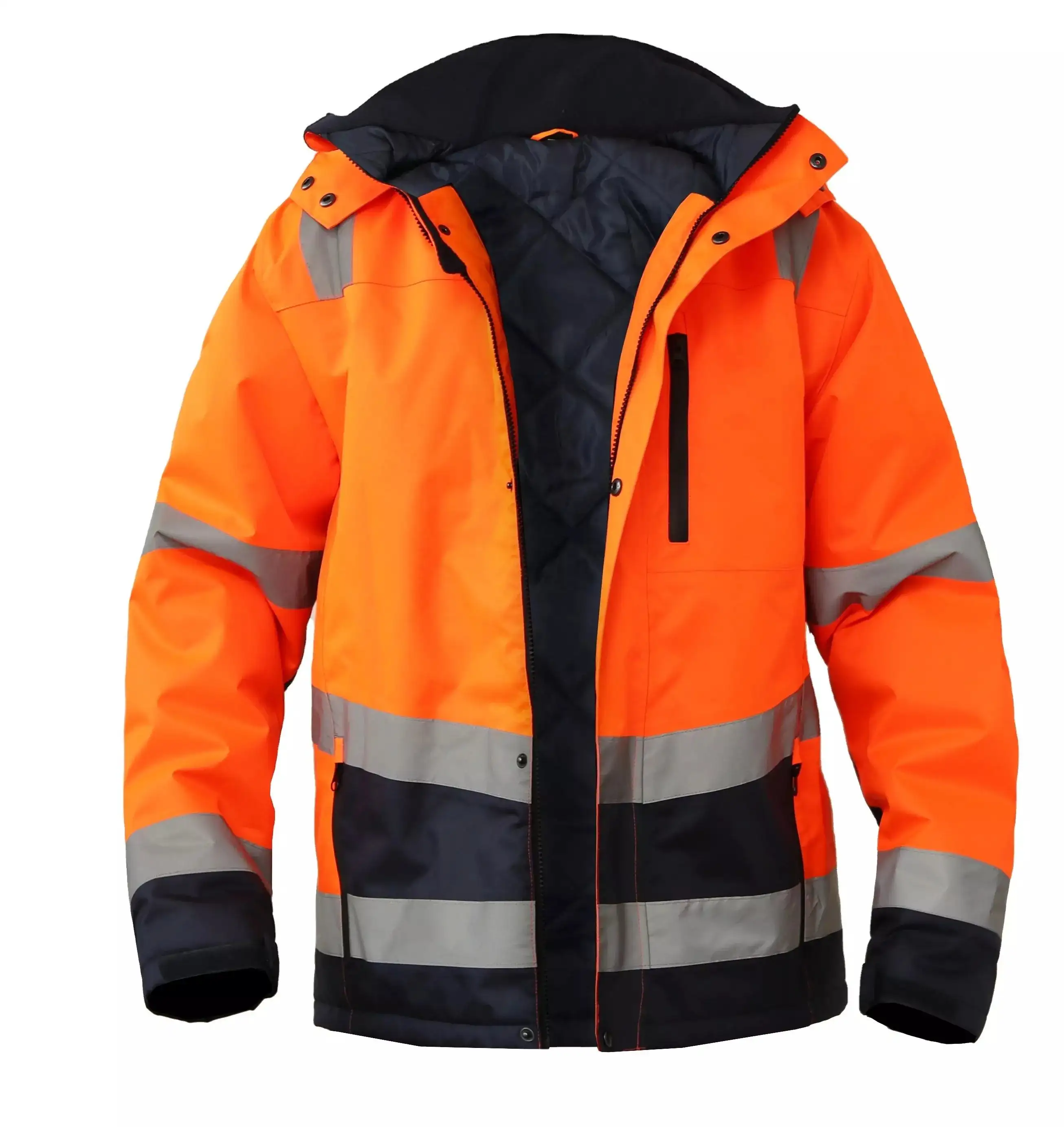 Hi Vis Bomber เสื้อแจ็คเก็ตกันหนาวสะท้อนแสงความปลอดภัย Workwear ปกปิดคลุมด้วยผ้าเบาะกันน้ําสวมใส่เสื้อโค้ท USA