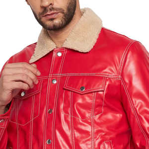 Elegante chaqueta de cuero rojo para hombre con cierre a presión de cuello de piel de oveja, perfecta para ropa de calle y salidas de invierno - Product Image 6