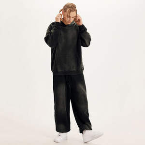 100% algodón 400 GSM peso pesado lavado ácido Streetwear chándal personalizado bordado estampado Sudadera con capucha pantalones de chándal conjunto de tela polar - Product Image 4