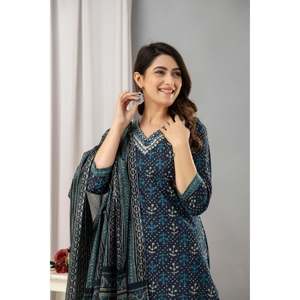 Conjunto de Kurta estampado de algodón puro azul marino para mujer con pantalones y Dupatta - Product Image 6