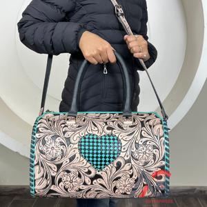 Hand-Tooled Cow Leather Large Speedy Duffel <b>Bag</b> with Turquoise Checkered Heart Western Design Custom <b>Travel</b> Handbag <b>for</b> Women's - Product Image 1
