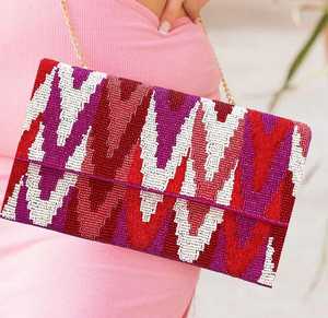 Magenta Seed Beaded <b>Pink</b> Fuchsia Red <b>Sequin</b> Crossbody Chain Clutch Handbag - Product Image 1