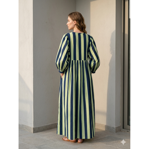 Vestido Maxi a Rayas Azul Marino y Verde Lima Pálido, Diseño Personalizado, Estilo Boho, Cintura Imperio, Transpirable, para Uso Diario, ODM - Product Image 2