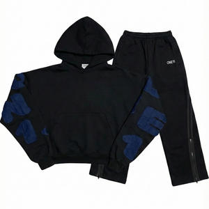 Conjunto de chándal de invierno personalizado para hombre, de peso pesado y transpirable, con sudadera con cremallera de lavado ácido y pantalones de chándal acampanados de pierna recta, de corte oversize - Product Image 3