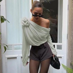 New Sexy Skew Collar Floral <b>Applique</b> Mesh Chiffon Tops For Women Elegant Fashion Club Cropped Tops See Through Pullover - Product Image 6