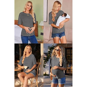 Chemises de maternité à manches courtes pour femmes, hauts surdimensionnés de grossesse, chemisiers post-partum à conception latérale fendue, nouvelles mamans douces - Product Image 3