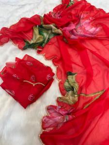 ส่าหรีผ้าไหมบริสุทธิ์สำหรับเจ้าสาวผ้านุ่มบริสุทธิ์พิมพ์ลายดอกไม้สวยงามชุดปาร์ตี้งานแต่งงานของผู้หญิง - Product Image 5