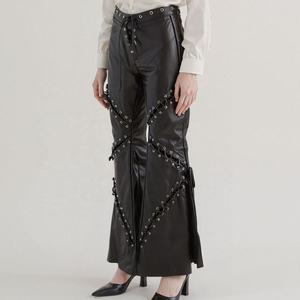 Pantalones de Cuero de Cintura Alta de Primera Calidad con Detalles de Remaches, Cierre con Cordón, Estilo Gótico, Pantalones Largos para Mujer - Product Image 1