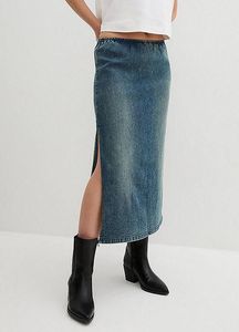 Falda Midi de Mezclilla Lavada a la Piedra para Mujer, con Abertura Lateral, Silueta Recta, Estilo Casual, para Otoño - Product Image 5