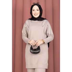 Ensemble deux pièces décontracté beige pour femme : tunique et pantalon avec détails ornés de pierres sur les épaules, taille XS - Product Image 2