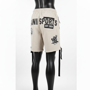 Short de bain homme personnalisé en patchwork, tissu coton épais 300 GSM, détail sangle à boucle, ourlet brut vieilli, beige - Product Image 5