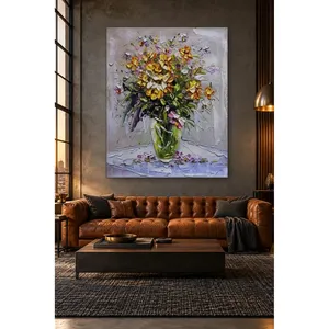 Impression sur toile Fida : Fleurs texturées sur fond lilas dans un vase en verre - Product Image 4