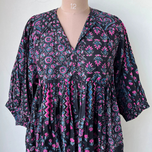 Negro Floral mano bloque estampado algodón cuello pico Puff manga transpirable ecológico Midi Mini bohemio mujeres verano Sundress playa - Product Image 1