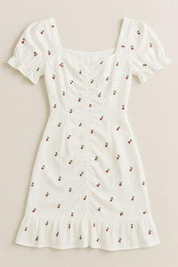 Robe mini blanche brodée cerisier à manches bouffantes, coupe trapèze, col cœur, ajustée, en coton, décontractée d'été, logo personnalisé - Product Image 5