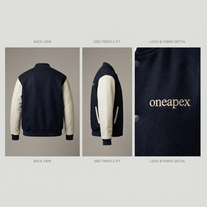 <b>Men's</b> Navy <b>Blue</b> Wool Jacket Cream Sleeves Custom Logo Rib Knit Collar Cuffs Snap Front Premium Streetwear Bomber Outerwear Style - Product Image 5