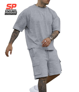 Conjunto de 2 Piezas para Hombre, Camiseta Casual Holgada de Verano, Transpirable, de Spandex/Algodón, Tejido sin Costuras con Logotipo Frontal y Pantalones Cortos Cargo - Product Image 3