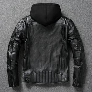 Classic Men's Winter Biker Coat Thick Genuine Cowhide Leather Jacket with Detachable Hood and Fur Decoration Wool <b>Down</b> Lining - Product Image 4