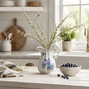 Vase en céramique de style campagnard français, pot à fleurs bleu et blanc peint à la main pour la décoration de cuisine et de salle à manger de style farmhouse - Product Image 1