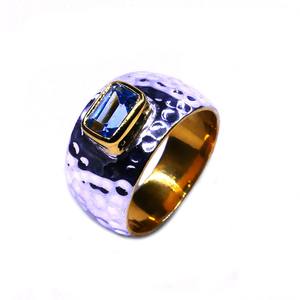 แหวนเงินสเตอร์ลิง925ของผู้หญิงคลาสสิกชุบทองด้วยพลอยสีฟ้าสวมใส่เครื่องประดับที่ทันสมัย - Product Image 3