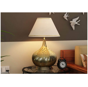 Lámpara de mesa redonda martillada de metal y madera de latón AK en lámpara hecha a mano con acabado marrón para decoración interior de hogar y Hotel - Product Image 5