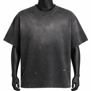 Camiseta Negra Oversize de Punto para Hombre, Estilo Urbano Premium, Vintage, Corte Regular, Lavado Ácido, Suministro al por Mayor - Product Image 1