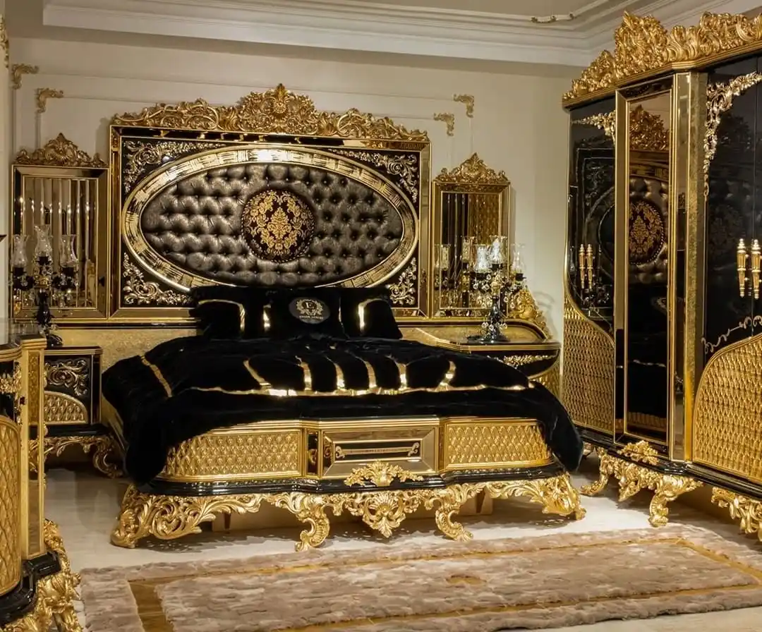 Turkish Middle East Eastern Luxury Antique Royal Hand Carved Bed Room Furniture Set Five Pieces Black Gold African American