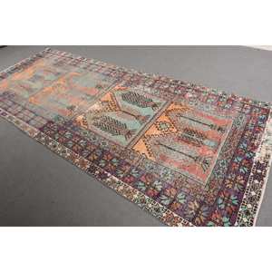 พรมขนาด 4.7x10.2 ฟุต, พรมวินเทจตุรกี, พรมขนสัตว์สีม่วงลายปะติด - Product Image 1