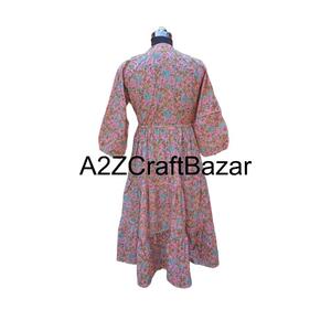 Robe mi-longue moulante à manches courtes et col en V, en coton 100% fait main, à imprimé floral bohème sexy, avec des franges et des volants pour l'été - Product Image 6