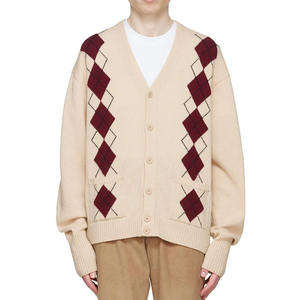 Mens Beige <b>Cardigan</b> Sweater Maroon Argyle Pattern Button Down Knitwear Classic Vintage Style Casual Warm Winter Fashion Outfit - Product Image 1