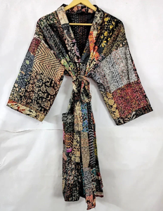 Pardessus de bain en soie patchwork multicolore Kantha pour femmes imprimé floral col en V fermeture à cordon respirant Style quotidien Kimono gratuit - Product Image 1