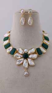 Blossom Azure Unique Cute Necklace Set for Weddings and Parties Featuring <b>Large</b> Oval Aqua <b>Stone</b> and Brass for Engagements - Product Image 4