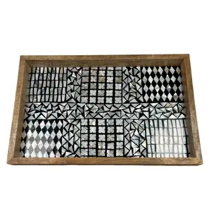Plateau de service en bois de meilleure qualité multicolore différents motifs nacre plateau de vanité rectangulaire maison cuisine et nourriture - Product Image 1