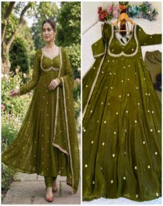 Robe de travail NILESH TAILOR FASHION, longueur au sol, col en V, manches longues, en tissu satiné lourd, motif floral, élastique, décoration - Product Image 1