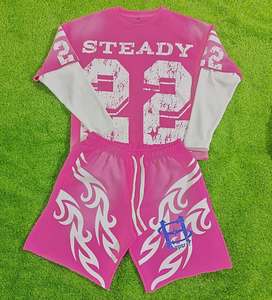 Ensemble survêtement en jersey personnalisé T-shirt à manches doubles avec sérigraphie de détresse Ensemble t-shirt short à manches longues Boxy délavé à l'acide - Product Image 2