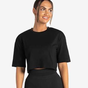 Camiseta corta negra de algodón 100% para mujer, camiseta de manga corta con hombros caídos, suave, elástica, elegante, informal, para Yoga, gimnasio, Fitness - Product Image 1