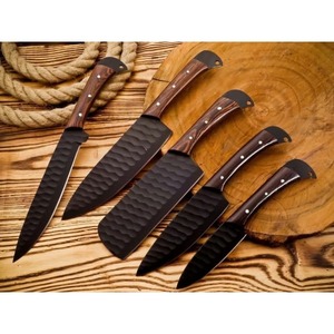 Pişirme mutfak seti el yapımı 5 adet paslanmaz çelik mutfak bıçakları ile siyah toz kaplama seti, şef bıçaklar seti, ahşap kolu - Product Image 6