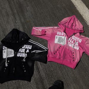 Pantalones de chándal acampanados con logotipo de impresión digital de diamantes de imitación personalizados y Conjunto de sudadera con capucha, ropa de calle desgastada, chándal para hombre lavado con ácido - Product Image 2