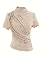 T-shirt chic pour femme, 3 pièces, col rond, manches courtes, détail plissé sur le devant, couleurs unies, polyester écologique, respirant, séchage rapide