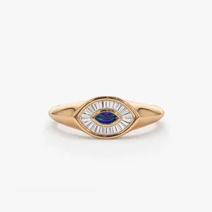 Saffier 14K Goud Marquise Gevormd Boze 'S Eye Stapelen Pinky Baguette Diamant Unieke Ring Sieraden Vrouwen Diamanten En Saffier Ring