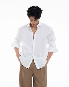 Chemise habillée en popeline de coton blanc pour homme, col rabattu, manches longues, couleur unie, infroissable, style décontracté chic, idéale pour le printemps - Product Image 1