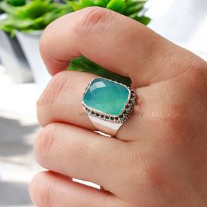 Bague fine en argent sterling 925 de créateur, faite à la main, avec incrustation de chalcédoine aqua naturelle à facettes, style bohème pour femme - Product Image 2