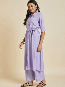 Ensemble long prêt-à-porter pour femme, style ethnique indien, en coton uni couleur lavande, Kurti et pantalon palazzo, vente en gros - Product Image 4